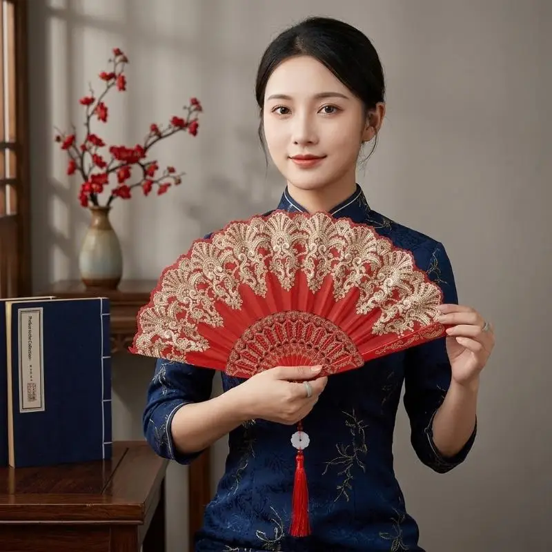 Chinese Lace Folding Hand Fan With Tassel Vintage Handheld Fan Lightweight Elegant Fan For Wedding Party Cosplay Photo Props