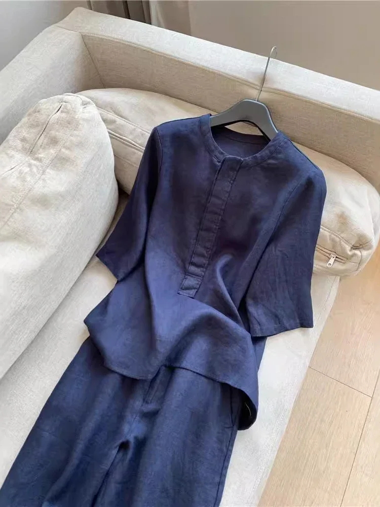 Summer Solid Color Women 2 Piece Sets Elegant Simple Cotton and Hemp Suit Casual O-neck 3/4 Sleeve Long Pants Two Piece Set