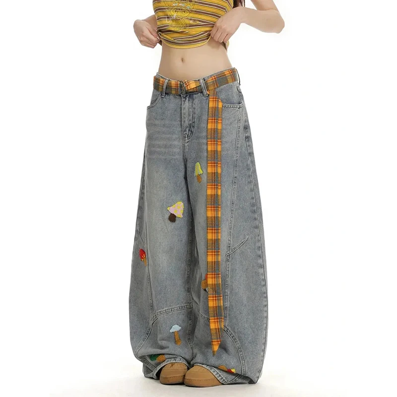 Y2K American Cartoon Print Women Jeans Autumn High Waist Streetwear with Lace Up Wide Leg Pants Loose Embroidered Denim Trousers