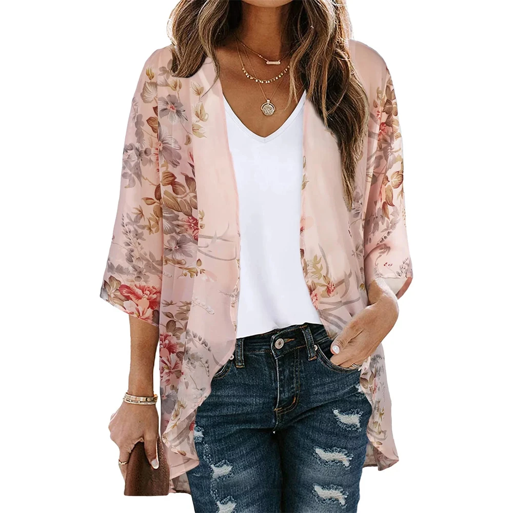 New Women\'S Floral Print Short Sleeve Kimono Cardigan Loose Swimsuit Cover Up Casual Blouse Tunic Transparent Tops Beach Outing