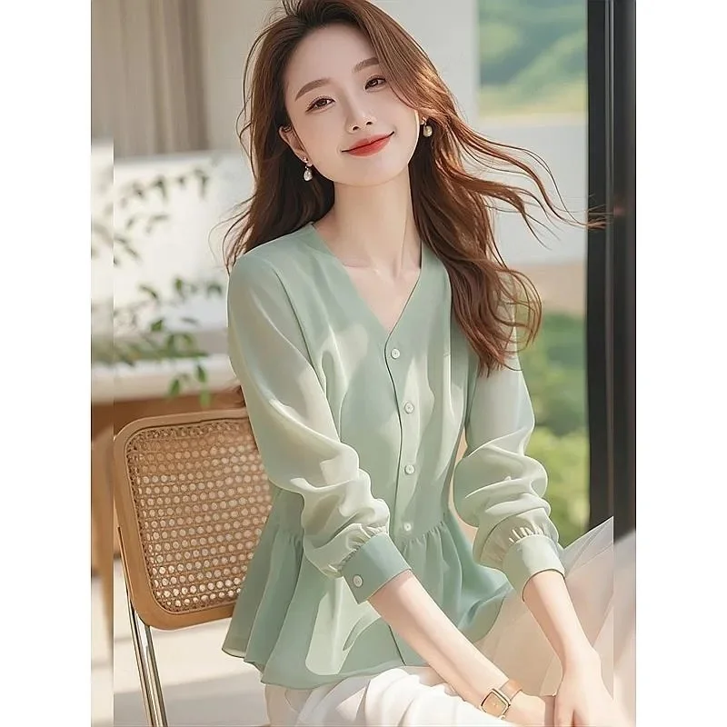 Ele V-Ne Long Sve Women's irt Unique Waist-Cinching Design Spring Autumn Sli Top Light Luxury Pink Color