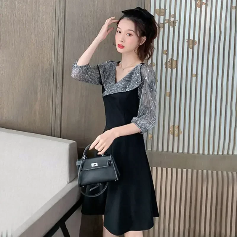 Dresses for Women Elegant Splicing High Quality Woman Long Sleeve Dress One-piece A Line Chic Trendy Sensual Sexy Y2k Luxury Xxl