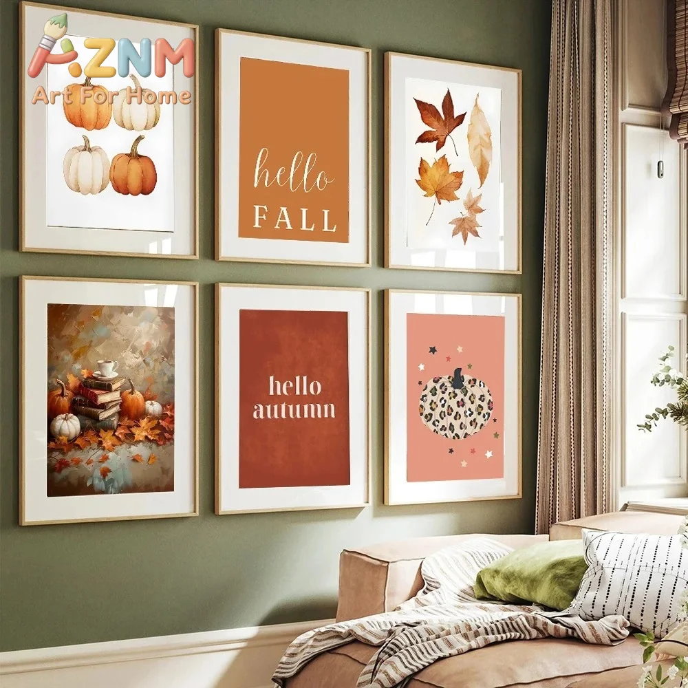 Autumn Leaves Pumpkins Print Poster Fall Home Bedroom Living Room Decor Autumn Vibes Decor Canvas Painitng Thanksgiving Gift