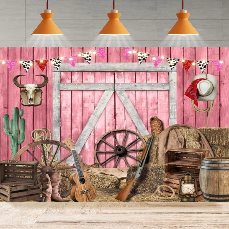 Western Cowgirl Photography Backdrop Pink Barn Door Cow Farm Country Rustic Wooden House Background Birthday Party Backdrop Wall