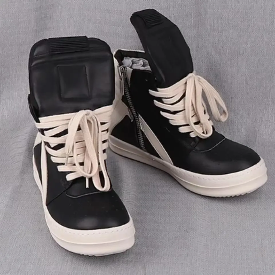 Brand Men Shoe Casual High Top Quality Women Sneaker owens Black Ankle Boot Geobasket Leather Fashion Thick-sole Flat Zip Shoe