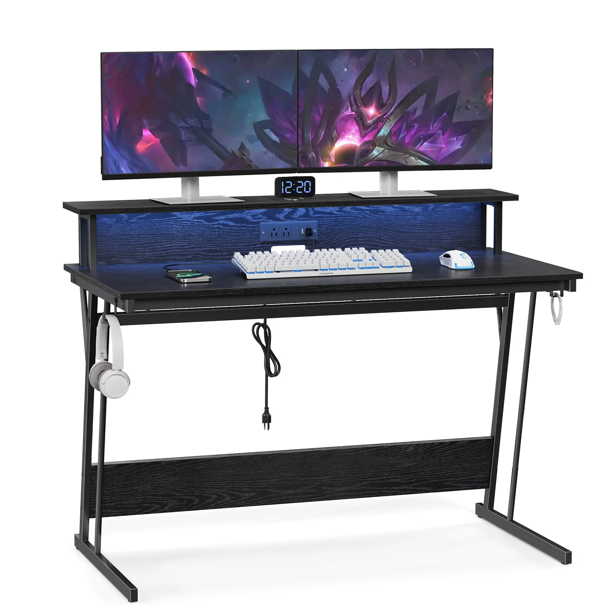 Desk with Monitor Shelf Gaming Desk with LED Lights and Built-in Power Outlets Computer Desk for 2 Monitors