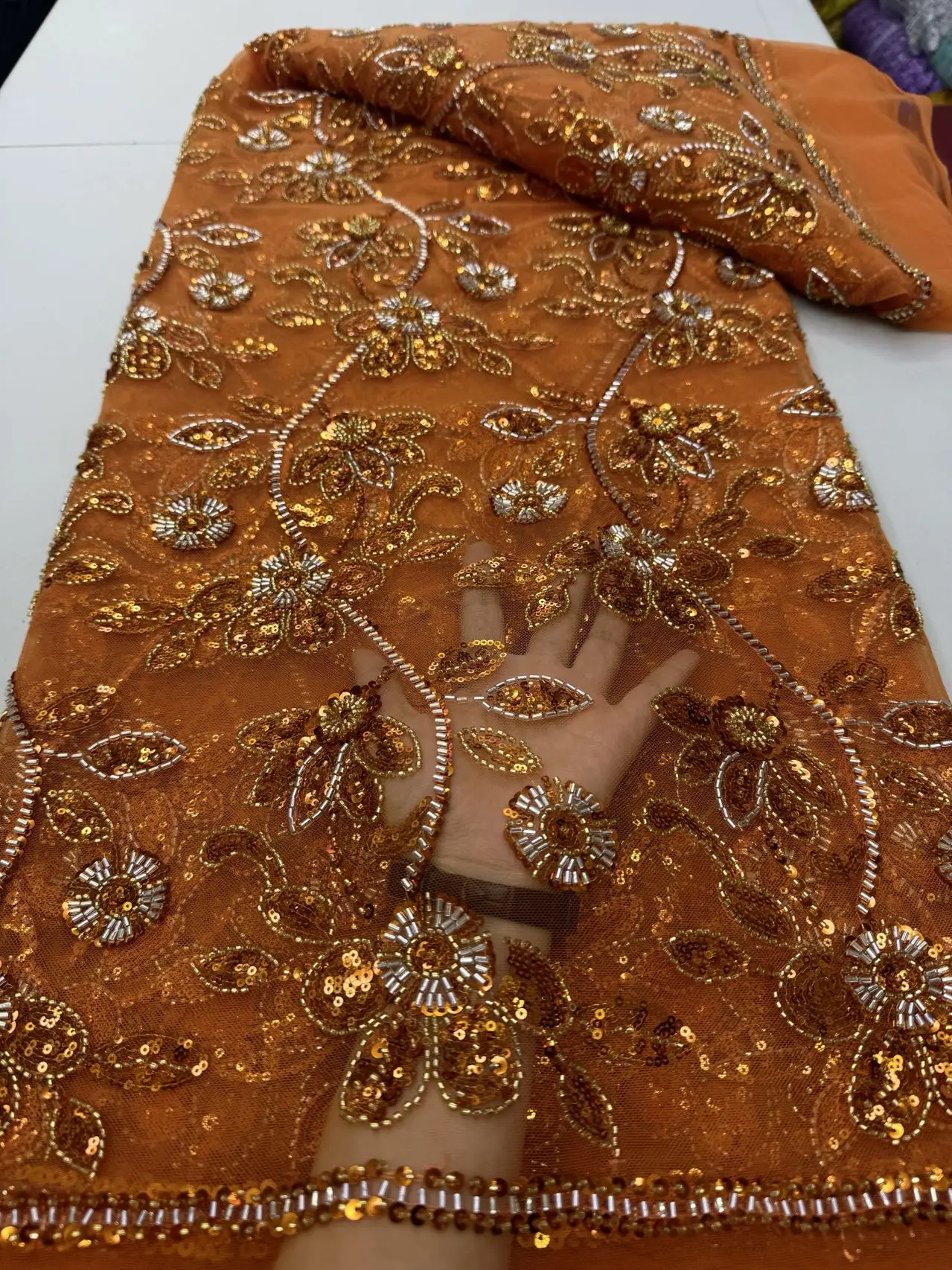 

Floral Embroidery Bead Net Lace Colorful beaded Sequence Tulle Net Lace African Women Wedding Dress Material