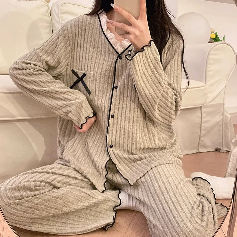 أطقم بناطيل بأكمام طويلة أطقم بيجامات قطنية كورية للخريف والشتاء بيجامات نسائية تقدم جديدة ملابس نوم نسائية بدلة منزلية #1