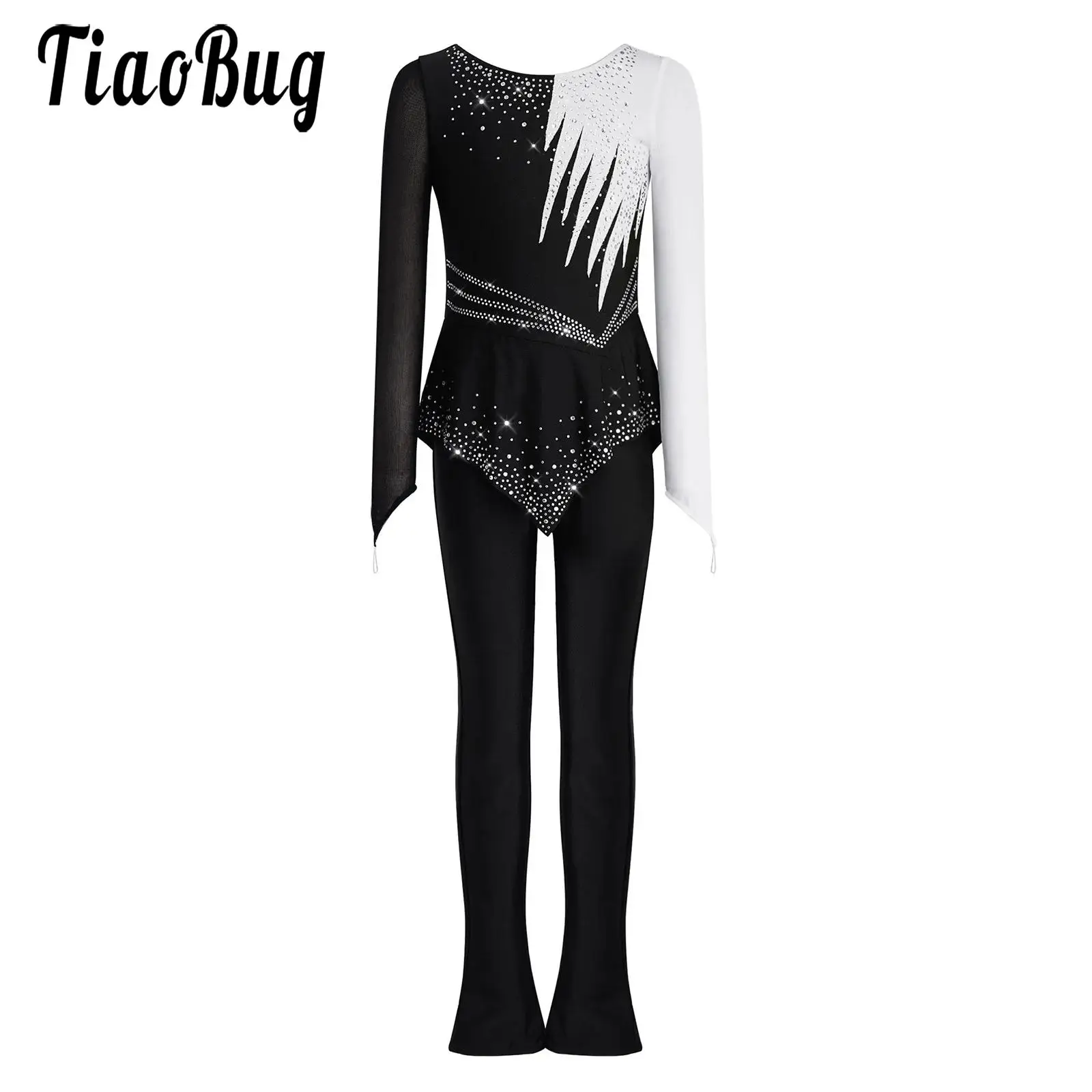 Kids Girls Figure Skating Lyrical Gymnastic Dance Costume Peplum Jumpsuits Finger Holes Long Sleeve Rhinestones Full Bodysuits