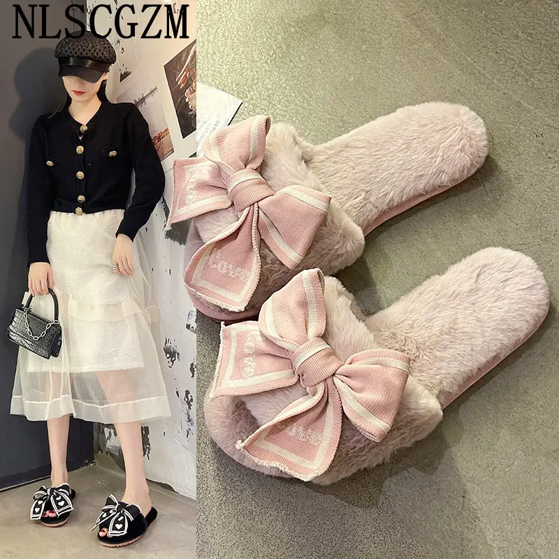 Winter Slippers Women Designer Shoes Butterfly Knot Fur Slippers Woman Warm Shoes Slippers Women Luxury Ladies Shoes вьетнамки