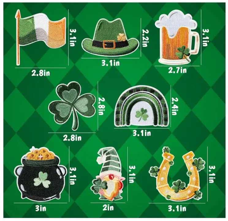 8 Pcs St. Patrick's Day Patches Irish Clover Lucky Shamrock Iron on Embroidered Applique Repair Patch for Clothing Backpack Hats