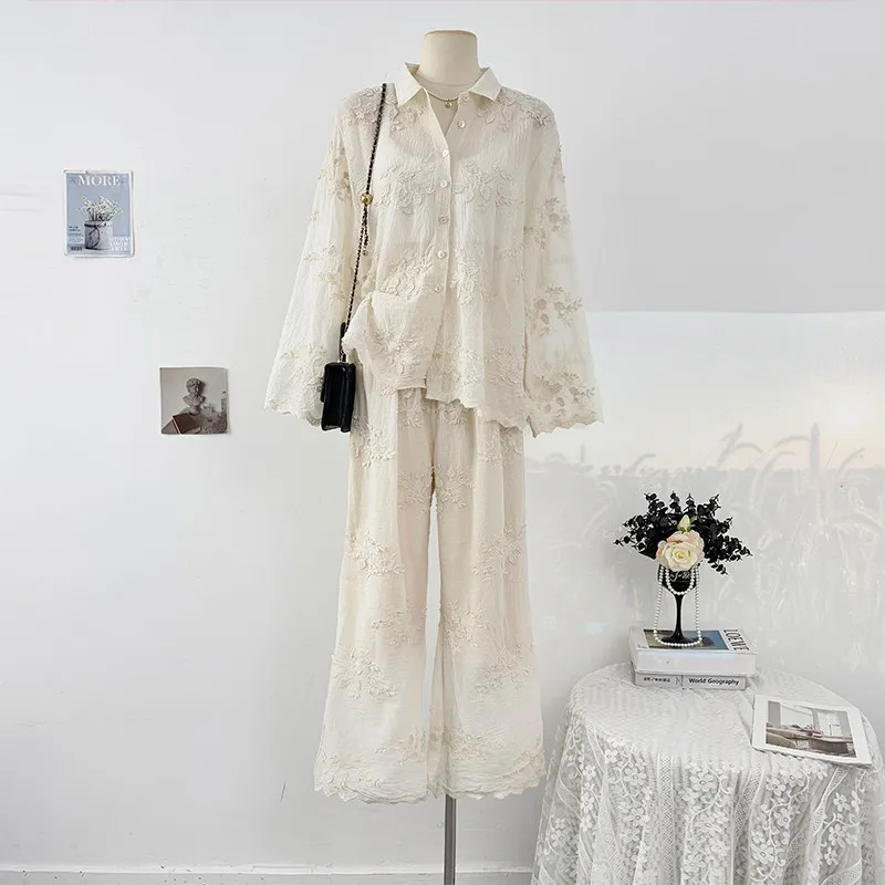 

ALPHALMODA 2026, Spring, Embroidered Flowers, Polo Collar, Long-sleeved Shirt, Casual, Wide-leg Pants, 2pcs Suit for Women,