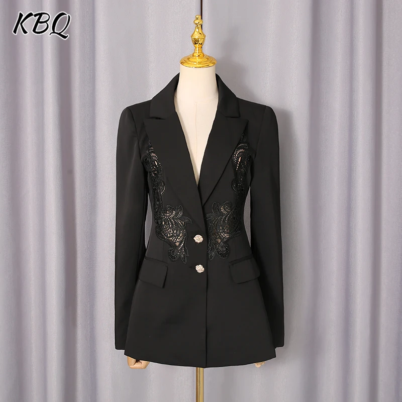KBQ Temperament Hollow Out Solid Tunic Blazers for Women V Neck Long Sleeve Spliced Button Slimming Jacket Female Fashion New