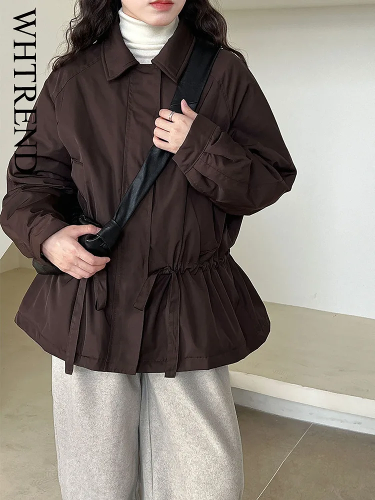 

WHTREND Drawstring Jacket Coat Women 2025 Autumn Winter New Turn-Down Collar Long Sleeves Black Brown Fashion Coats WH2187