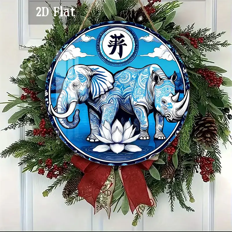 2D Flat, 1pc Blue Elephant & Rhino Round Wood Panel Wall Art - Retro African Bohemian Ethnic Decor Suitable for Home, Cafe, Dini