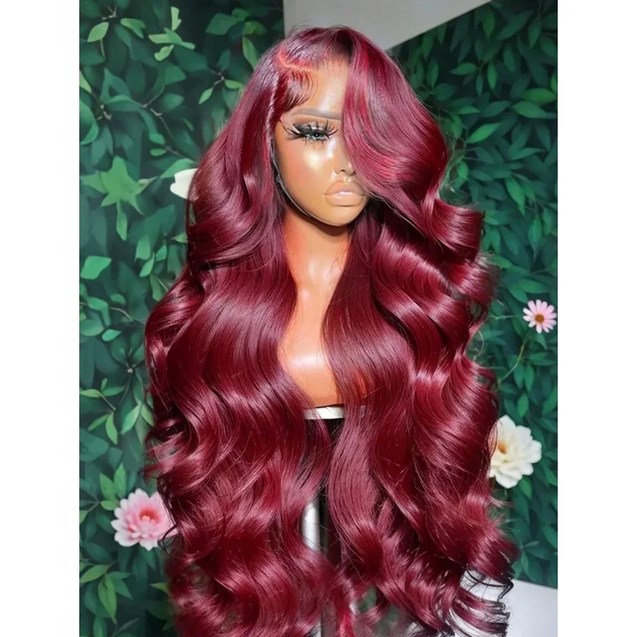 Pelucas de cabello humano Frontal de encaje 200% 99j Borgoña 13x4 prearrancadas con pelo de bebé pelucas onduladas de cuerpo de color rojo vino de encaje transparente