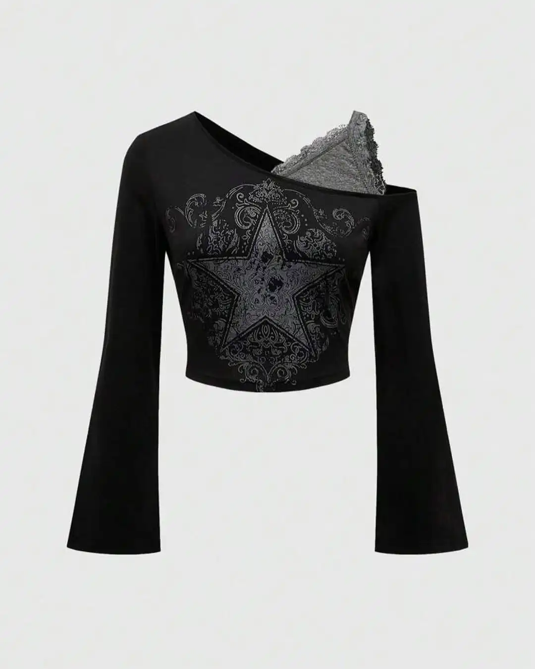 

Black Y2k Top Oversized Star Pattern Print Crop Tops Gothic Harajuku Long Sleeved Sexy Lace Shoulder Strap Tank Top Suspenders