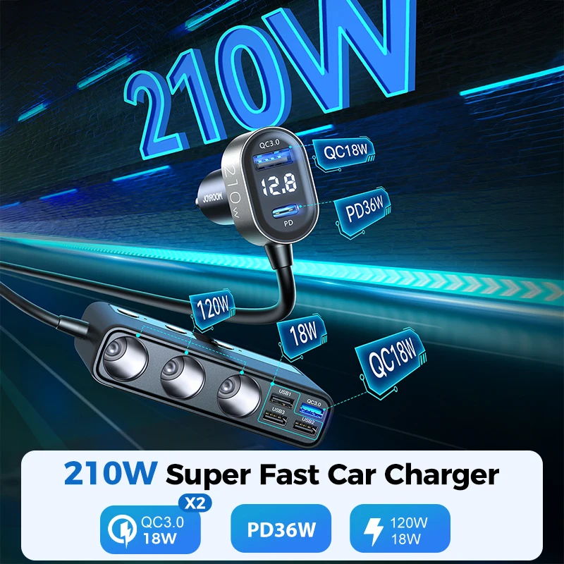 Joyroom 210 واط 9 في 1 مهايئ شاحن سيارة PD 3 المقبس ولاعة السجائر الفاصل تهمة مفاتيح مستقلة تيار مستمر منفذ السجائر