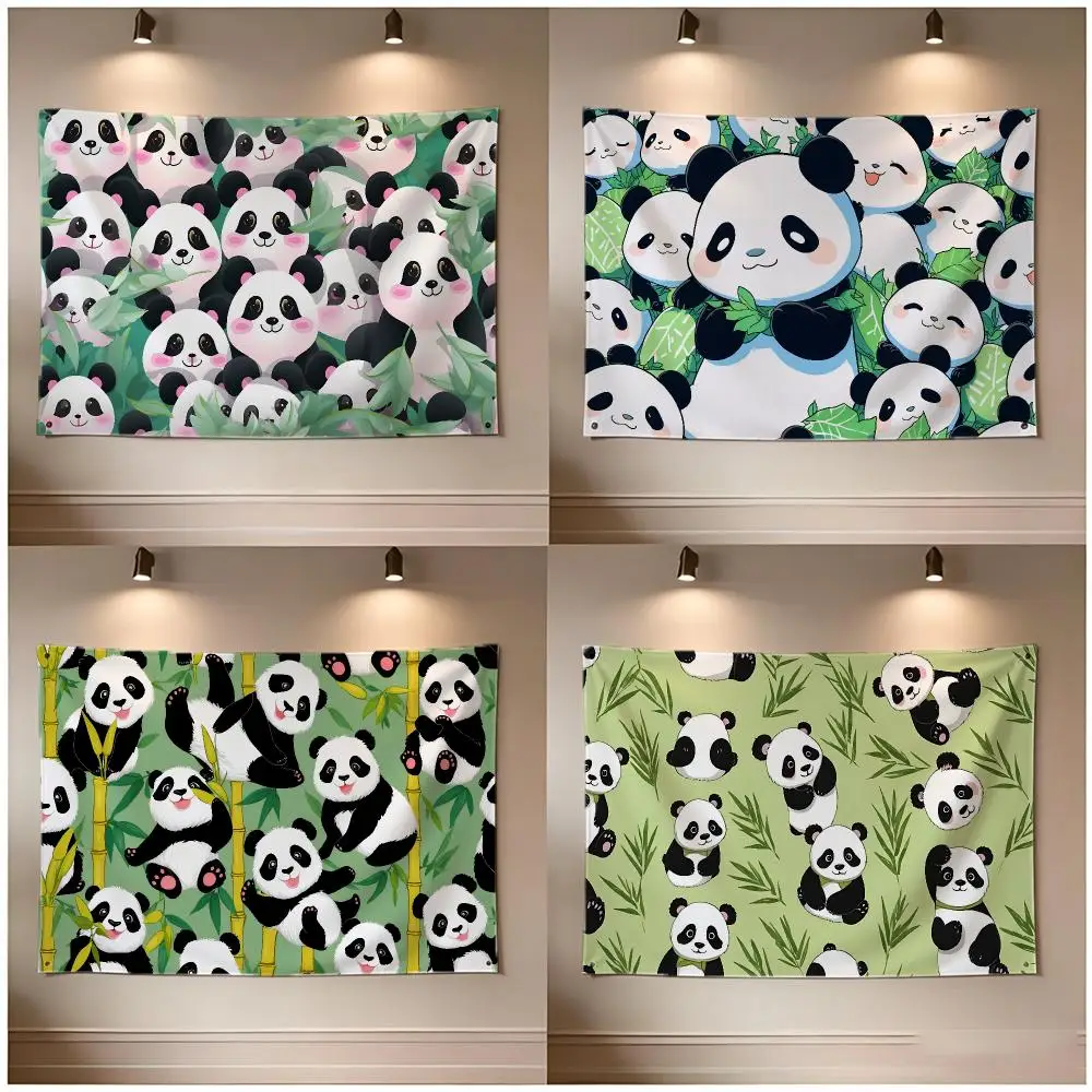 Adorable Bamboo Cute Cartoon Pandas Flags Borderless Four Ring Ornament Indoor Outdoor Decoration Quick Hang Install