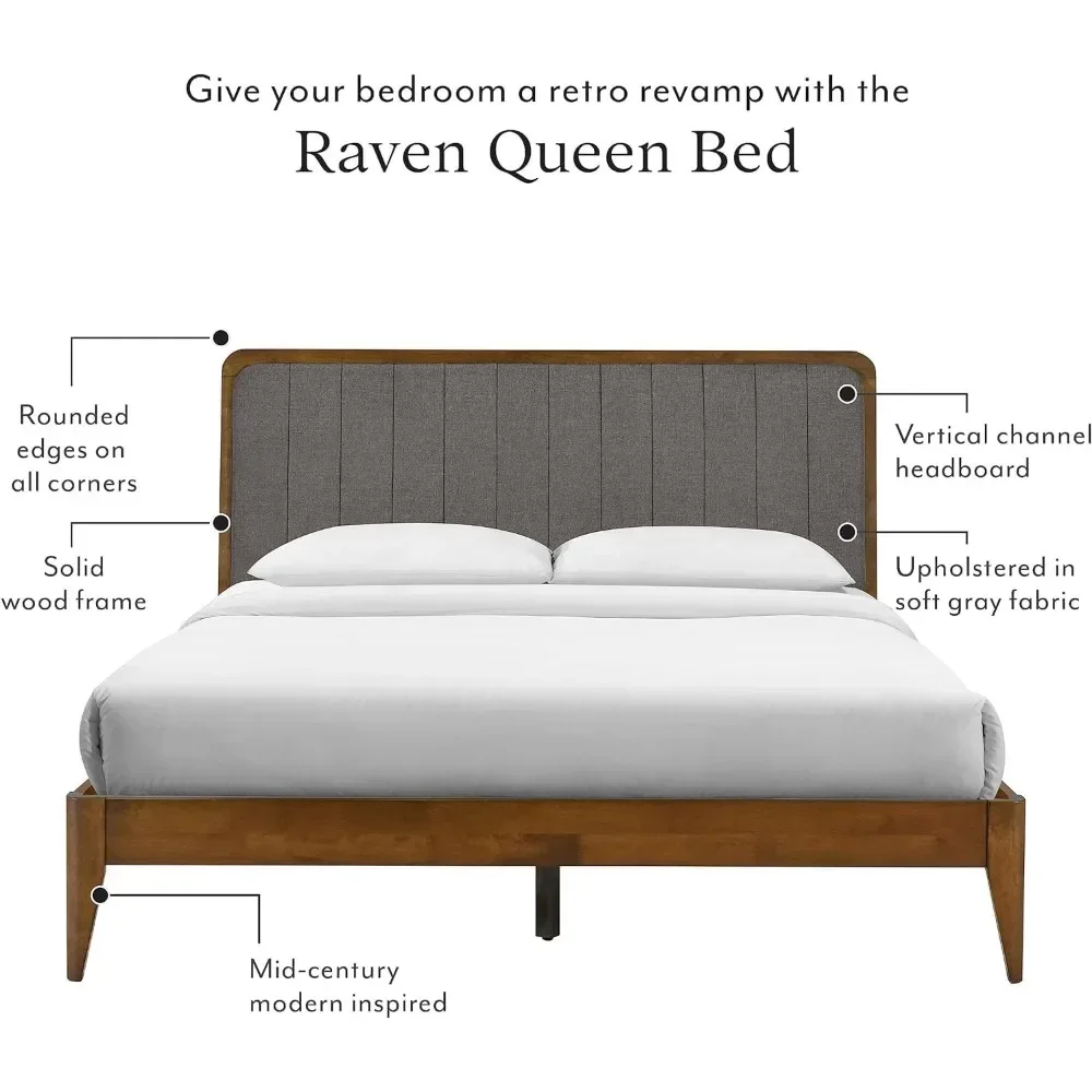 Raven Solid Wood Queen Size Bed Frame - Mid Century Modern Style, Platform with Tufted Upholstered Adjustable Height Hea image 4