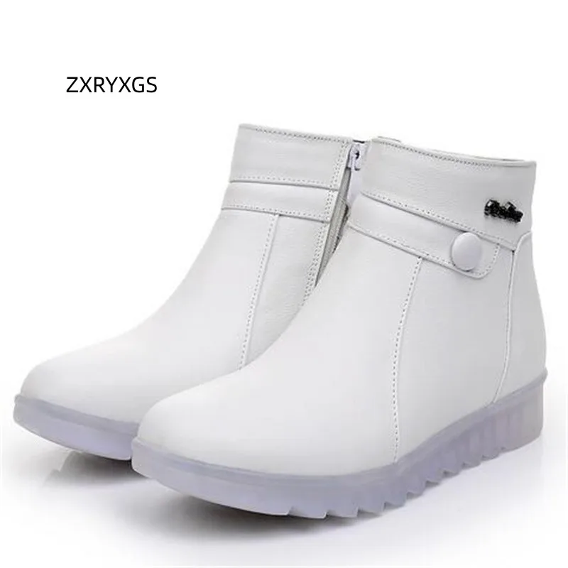 ZXRYXGS Top Cowhide White Shoes Woman Boots Flat Soft Sole Non-slip Comfort Winter Snow Boots Hospital Work Real Leather Boots