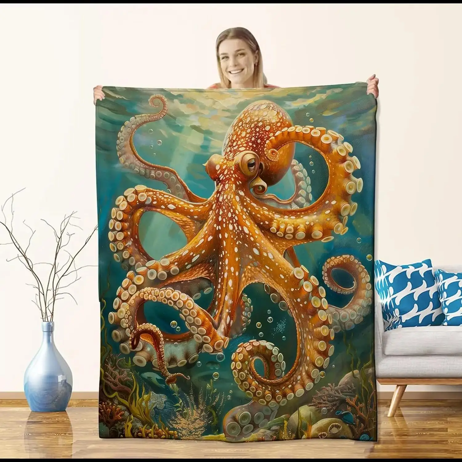 

Octopus Blanket for Adults Kids Flannel Octopus Throw Blanket for Sofa Couch Bed Soft Warm Cozy Ocean Animal Decor
