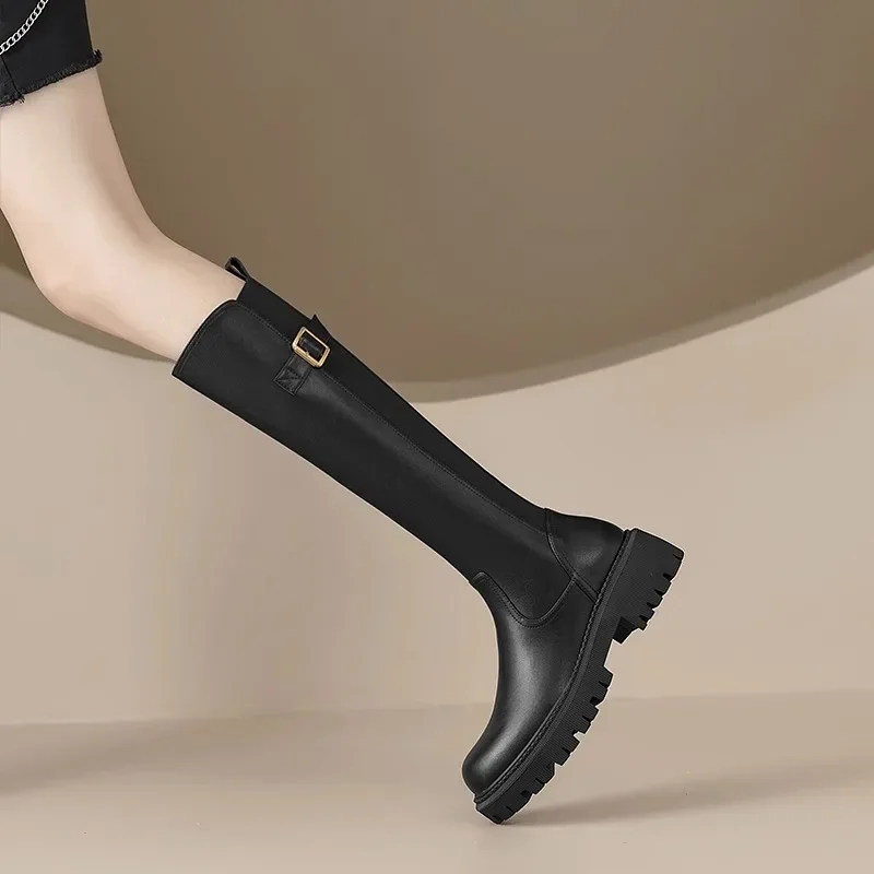 New Knee-length Boots Women Fashion Chunky Heel Platform Long Boots Autumn and Winter Female Brown Round Toe Zipper High Boots