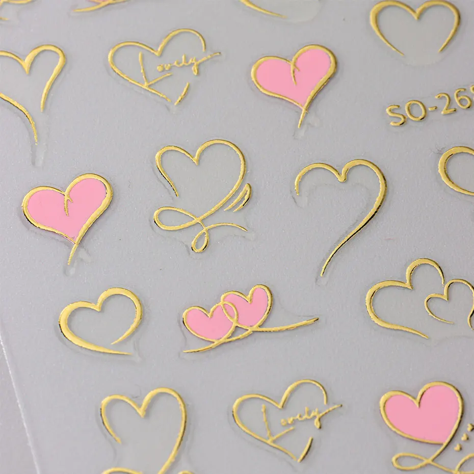 3 قطعة Y2K الذهب موجة خط القلب الشارات ثلاثية الأبعاد الأحمر الوردي الذهبي الحب تصميم ملصقات الأظافر لاصق عيد الحب الحلو مسمار مانيكير المنزلق