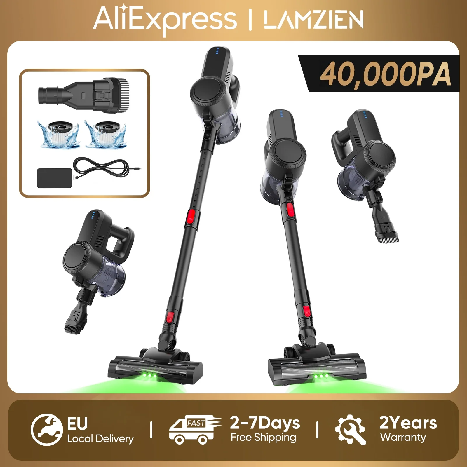 Aspirateur sans fil LAMZIEN V8, 40000PA/40 min d'autonomie, filtration HEPA efficace, nouveau moteur sans balais, autoportant, aspirateurs pour la maison/poils d'animaux/tapis/sols
