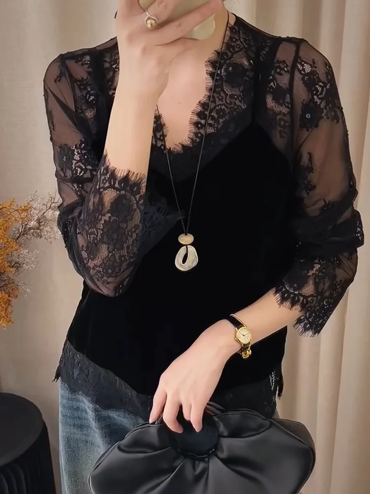 

Кружевной топ с v-образным вырезом, большие размеры, Ele, универсальный, для похудения, женская мода, осеннее новое поступление, длинный длинный топ во французском стиле...