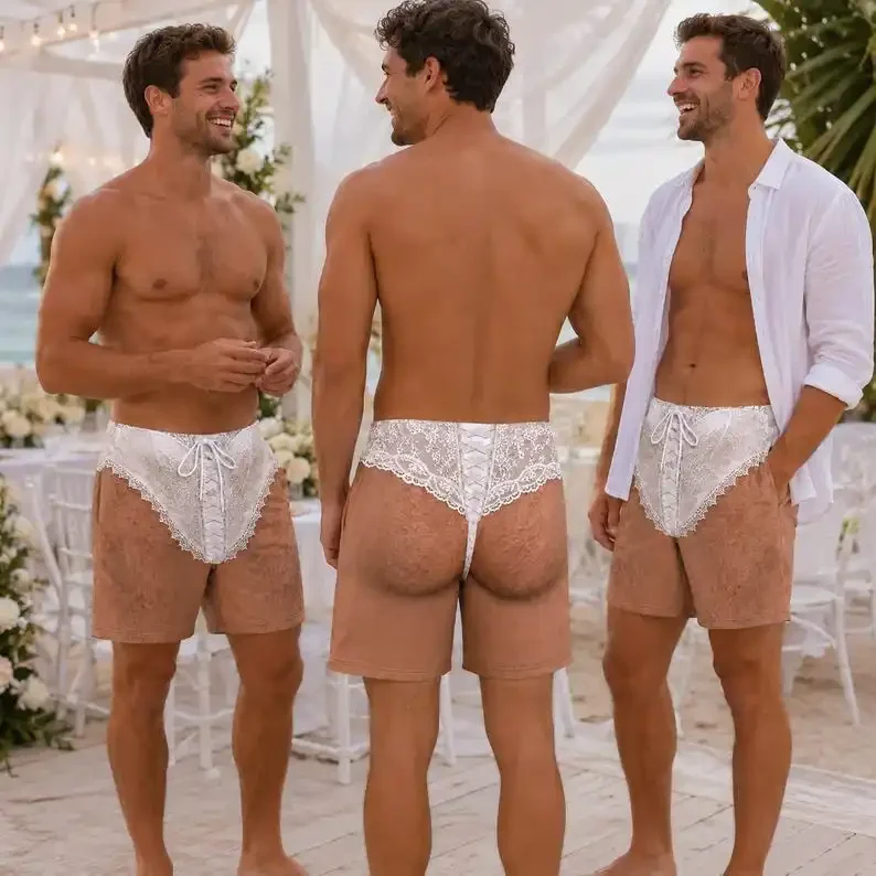 Fun Men's Swim Trunks, White Lace See Through Shorts Singles Party Swimsuits Beach Weddings Funny Gifts Beach Shorts