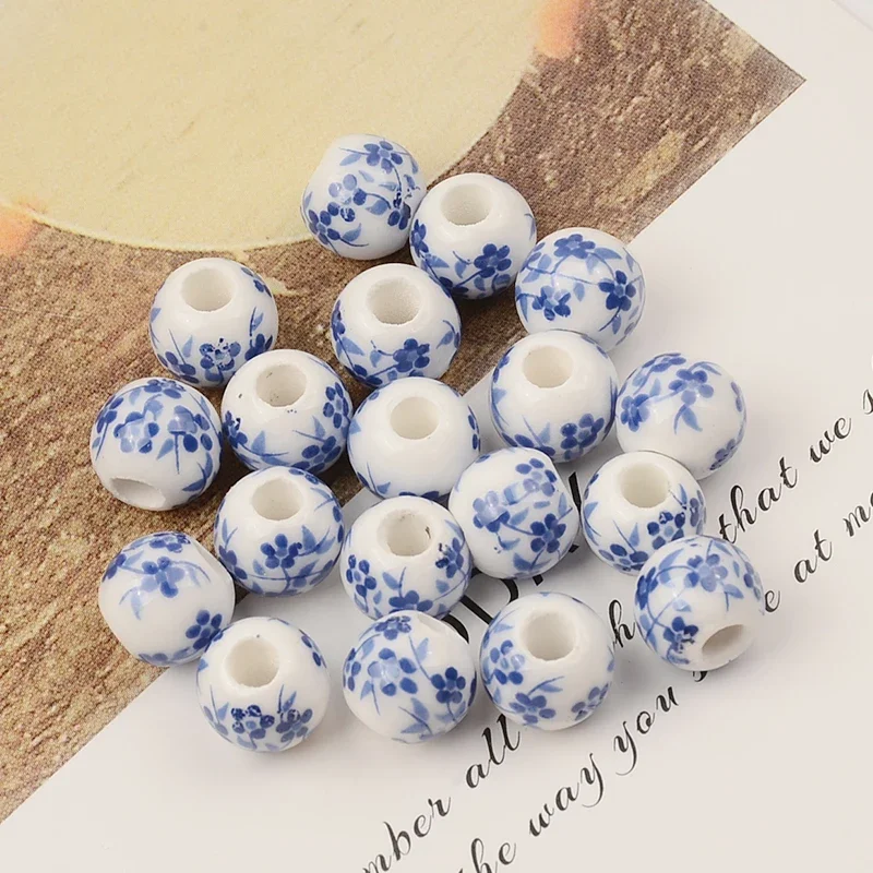 8mm/0mm Blue Chinese Flower Patterns Round Ceramic Porcelain Loose Spacer Beads Lot for DIY Crafts Bracelet Jewelry Making