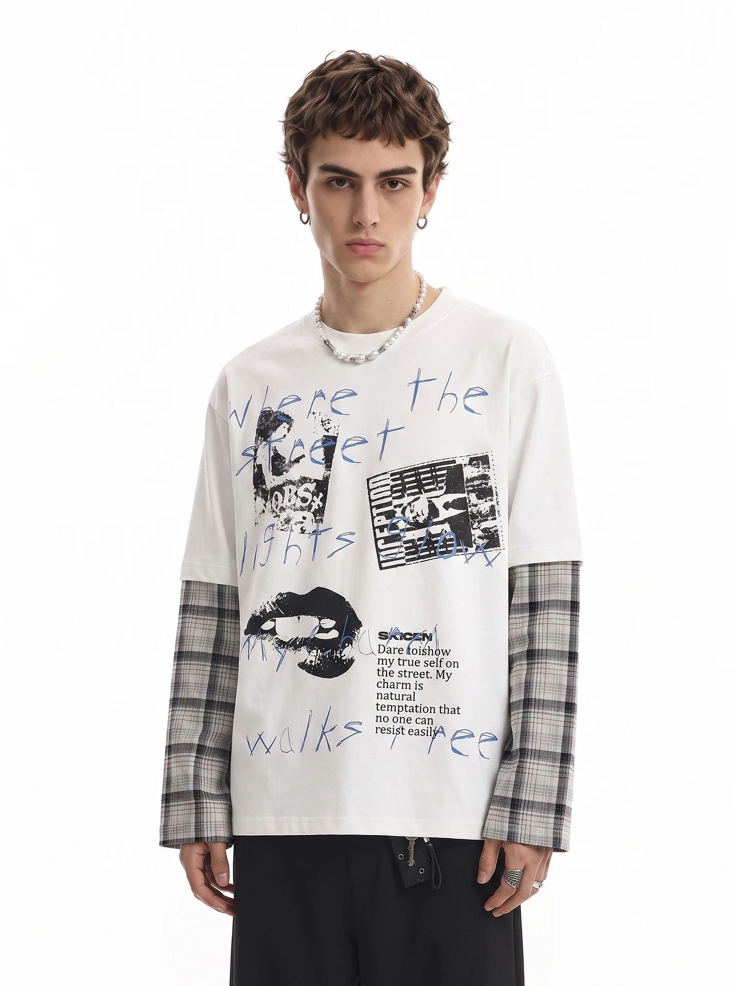 BETEBULE American High Street Fashion Print Plaid Long Sleeve Men's T-shirt Autumn Subculture Short Wide Fake Two-Piece Top