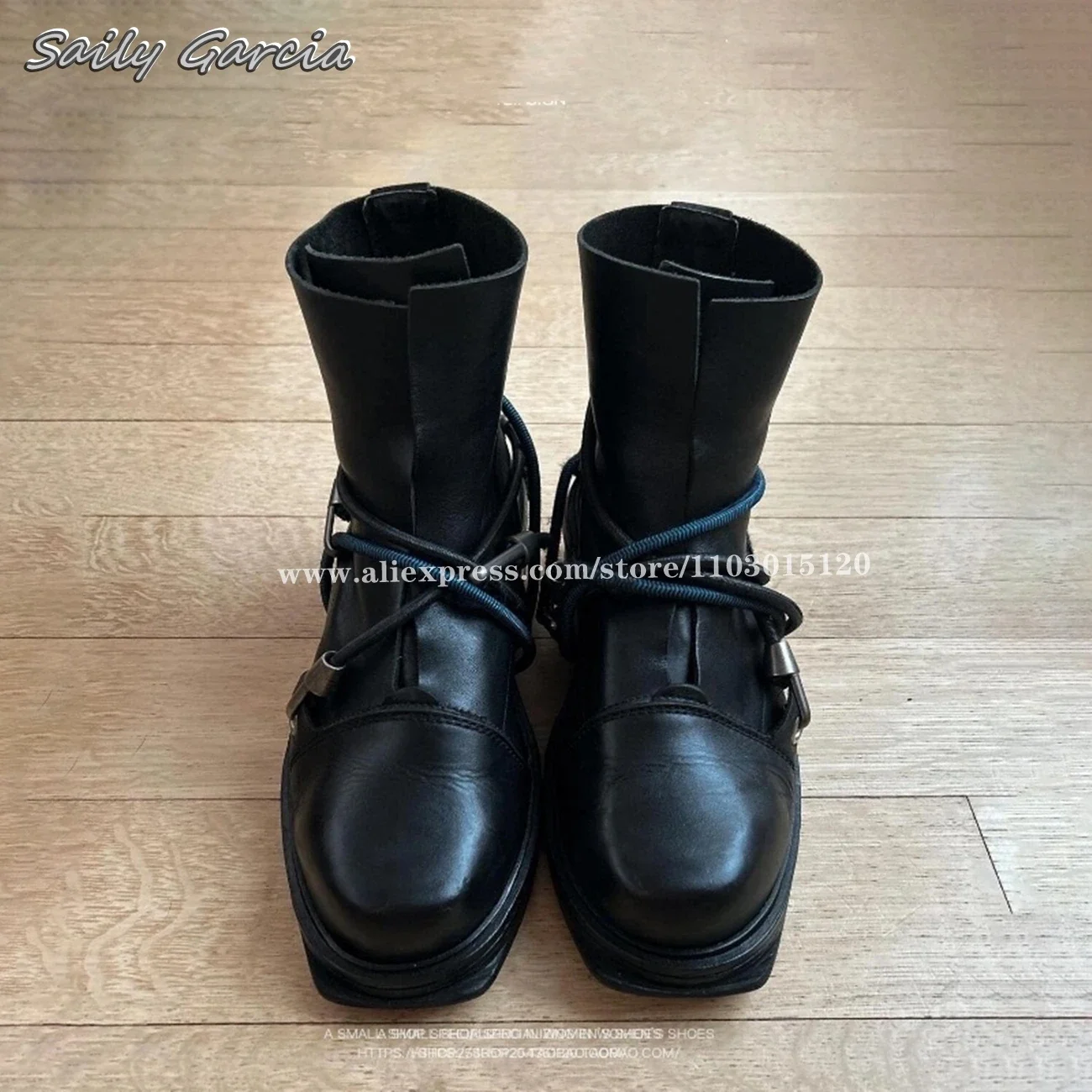 Preto fosco cadarços emaranhados salto estranho botas de motocicleta 2024 tamanho grande y2k estilo passarela botas dedo do pé redondo all-match sapatos