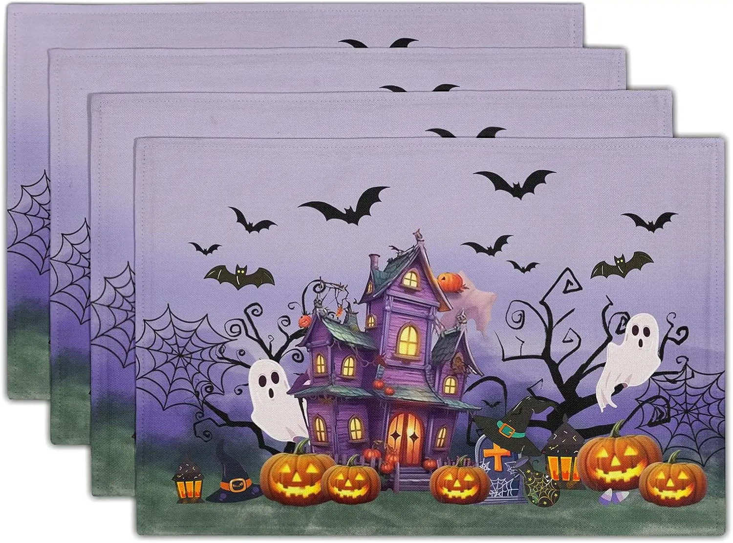Halloween Placemats Set of 4 Haunted House Ghost Jack-o'-Lantern Holiday Washable Heat Resistant Festival Rectangle