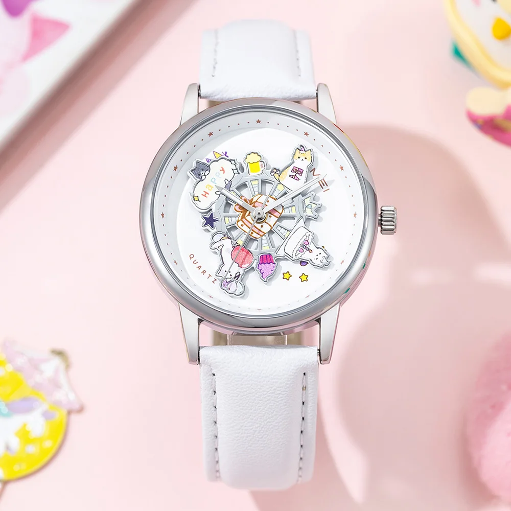 SKMEI Orologio da cartone animato alla moda Orologio da donna al quarzo con gatto carino Ruota il quadrante Studente Luminoso impermeabile per ragazze Studenti Regalo
