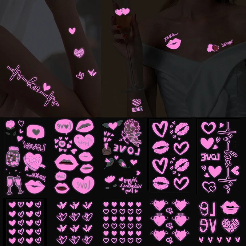 Valentine's Day Love Heart Fluorescent Stickers Temporary Skin Art Tattoo for Face Body Music Concert Party Night Club