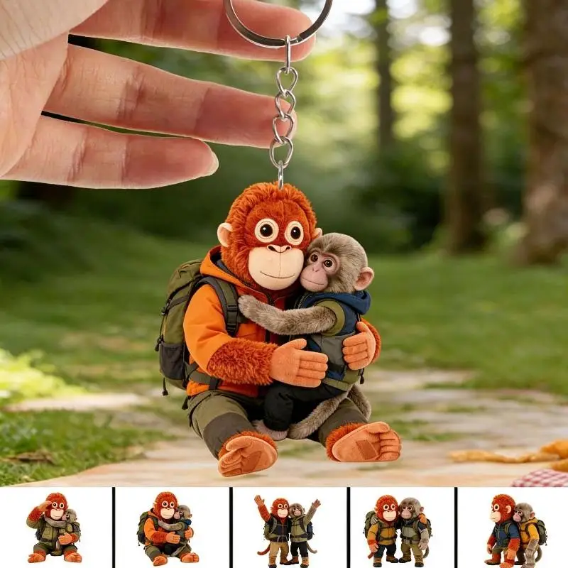 Cute Parent Child Hiking Monkey Acrylic Keychain Vivid Print Sturdy Ring For Backpack Decor Animal Lovers Gifts Hiking Souvenir