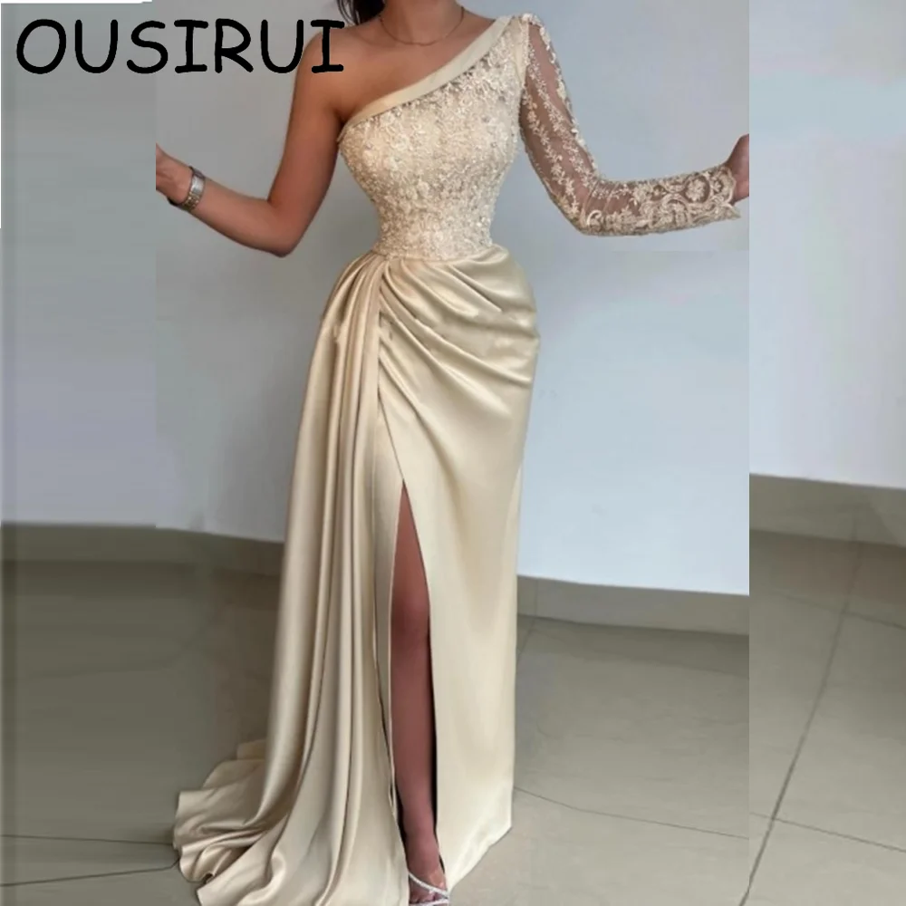 OUSIRUI One Shoulder Satin Solid Dramatic Pleated Prom Party Dresses with Lace Mermaid Court Side Split Evening Prom Gown