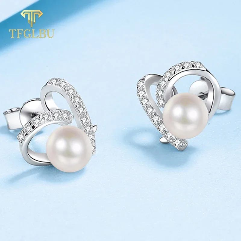 TFGLBU 100% All Full Moissanite Pearl Stud Earrings for Women Real Solid 925 Silver Love Ear Engagement Wedding Elegant Jewelry