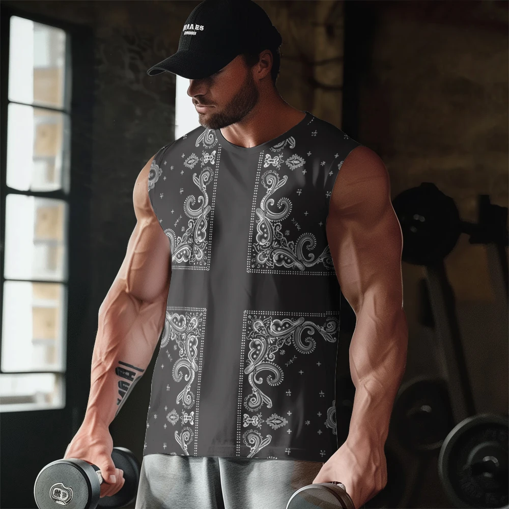 Symmetrical Cross Print Gym Casual Tank Top Sleeveless Thin Train Vest Youth Men's Sports Fitness Vest