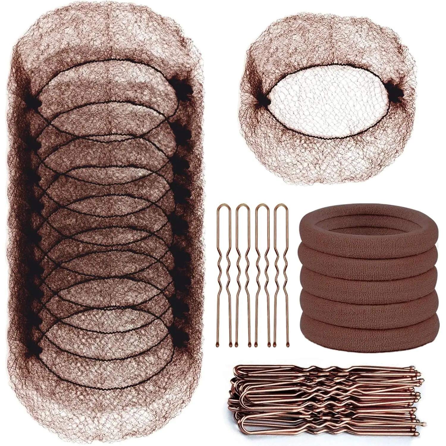 

30Pcs Hair Nets & U-Shaped Pins Set - Brown, 2.4in Pins, 5 Bands