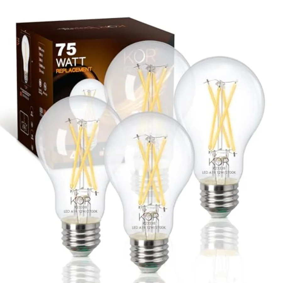 LED A19 Filament Bulbs, 4 Pack, 75 Watt Equivalent, 2700K Warm White, Edison Vintage Dimmable Energy Efficient 12W, E26 Medium