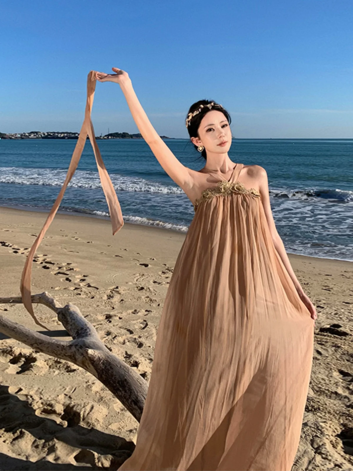 ボヘミアンシックなゆったりとしたロングビーチドレス、フェアリーTのようなスカート、夏のバケーションにぴったりのカジュアルで快適なポリエステルシフォンガウン