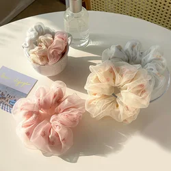 Cute Flower Print Double Layer Silk Organza Hair Scrunchies Mesh Ponytail Holder Net Yarn Elastic Rubber Bands Hair Accessories