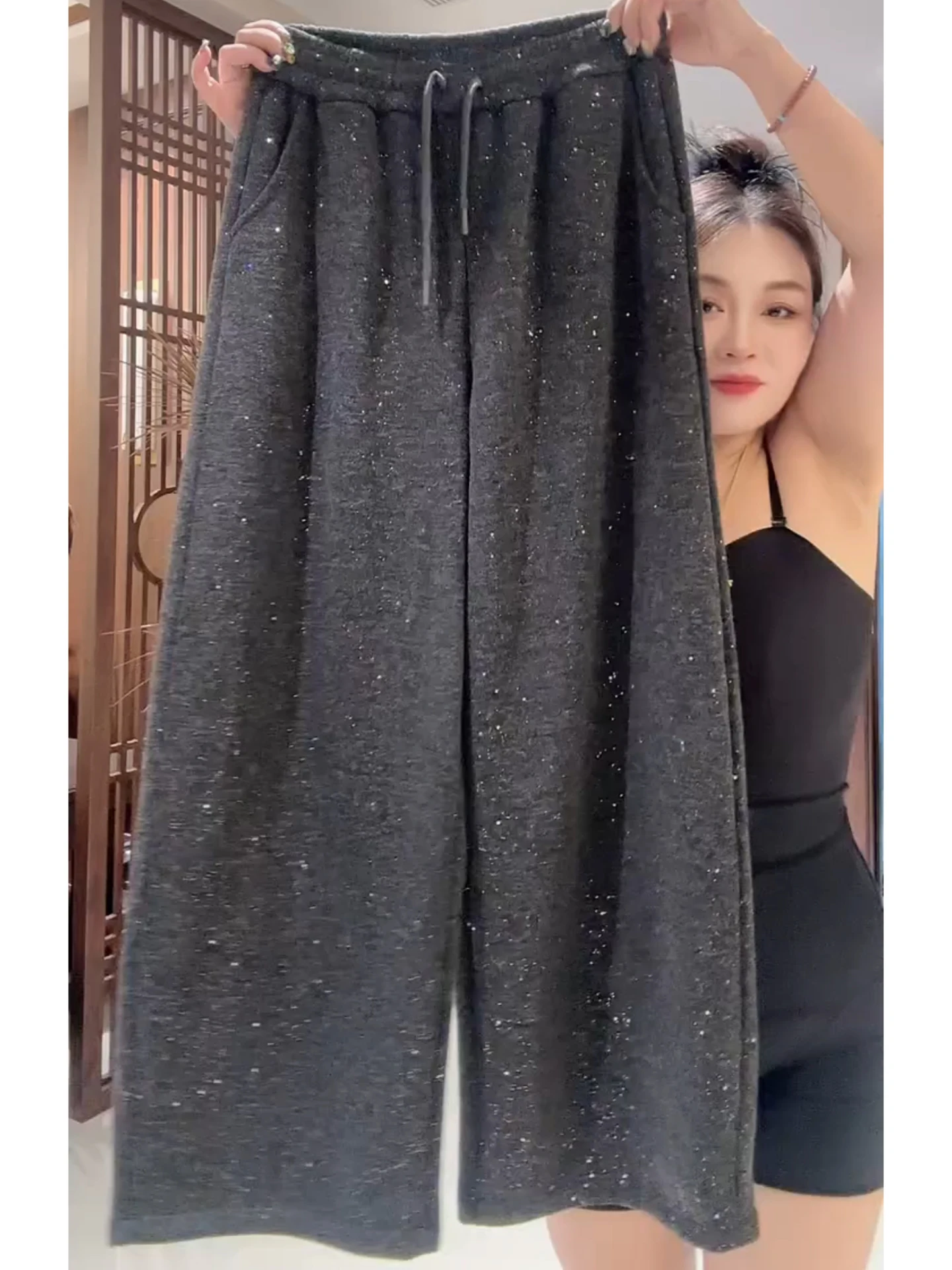 

ay Heavy Embelliment Star Straight Leg Pants Women Winter Lazy Sle High Waist Slimming Fce Lined Thiened Wide Leg ...