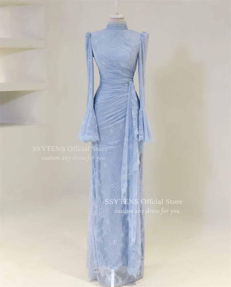 SSYTENS ชุดราตรี Mermaid เจียมเนื้อเจียมตัวคอสูงที่กําหนดเองแขนยาวชุดลูกไม้ดูไบพรหม Gowns Robe De Soiree