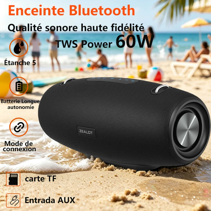 ZEALOT-S67 tragbarer kabelloser Lautsprecher, 60W, wasserdichter Outdoor-Lautsprecher, verstärkter Stereo-Bass, 40 Stunden Akkulaufzeit, 14400mAh Akku