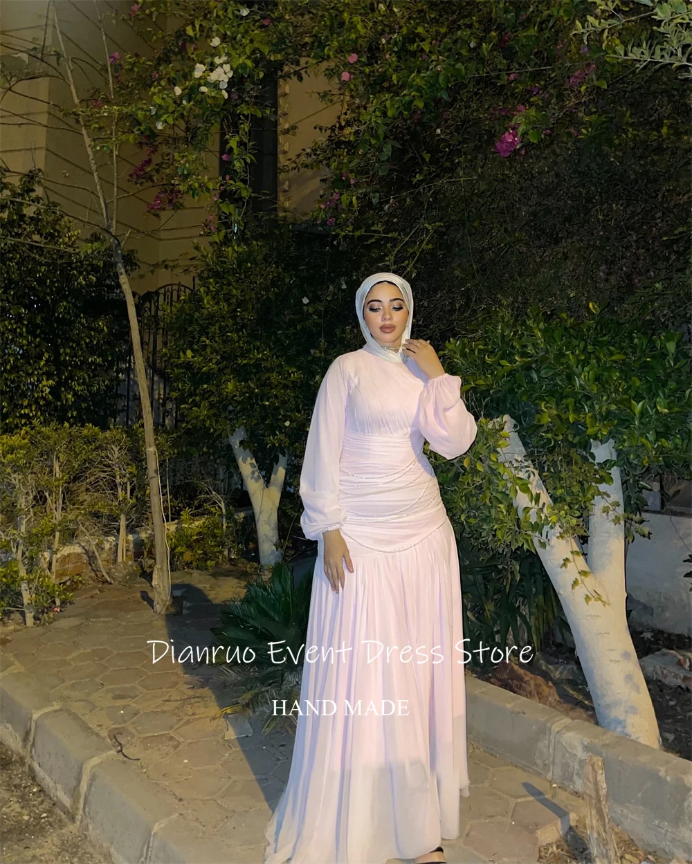 Dianruo فساتين سهرة شيفون متواضعة مكشكشة سباركلي فساتين حفلات إسلامية على شكل حرف A أنيقة وردي فاتح فستان زفاف سعودي مخصص