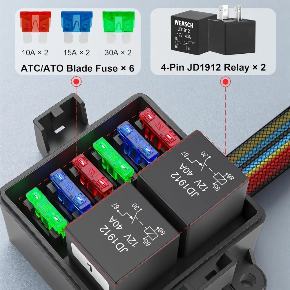 

2-way with 2 Relay Boxes,car 12V 24V fuse box, 4PIN 5Pin 40A Relays and 6 ATCATO Fuse Holders, Suitable For Cars, RVs, Ships, et